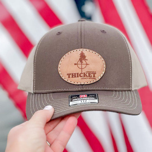 THICKET Logo Leather Patch Trucker Hat | Brown